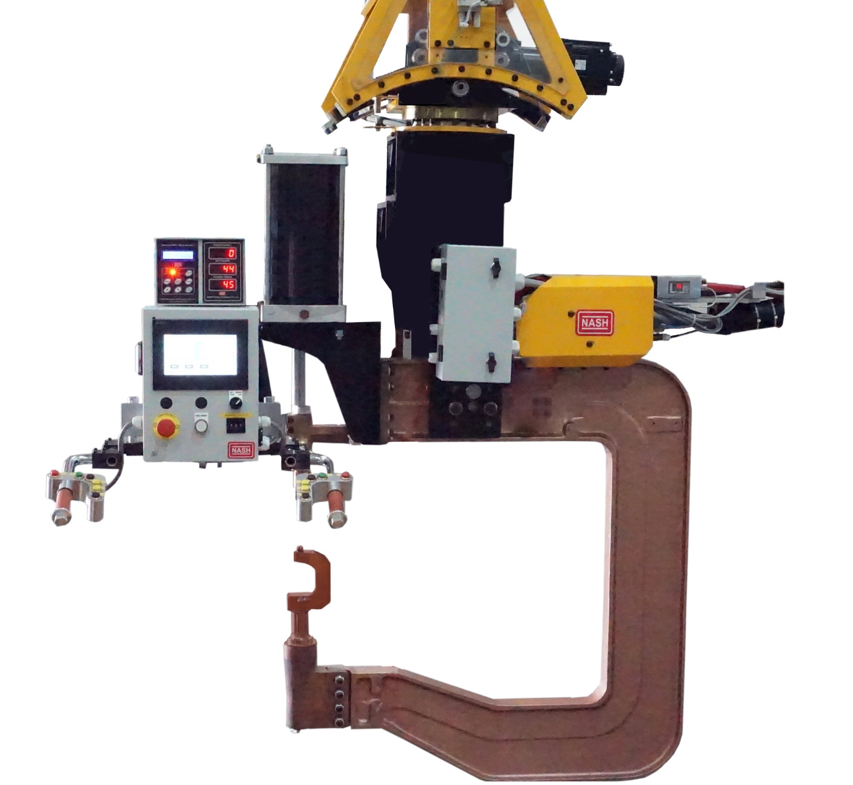 C-Type MFDC IT Gun for Metro Underframe Spot Welding(TD-820mm, TG-705mm, Tip Force-1500Kgf) mounted on a 5-Axis Manipulator