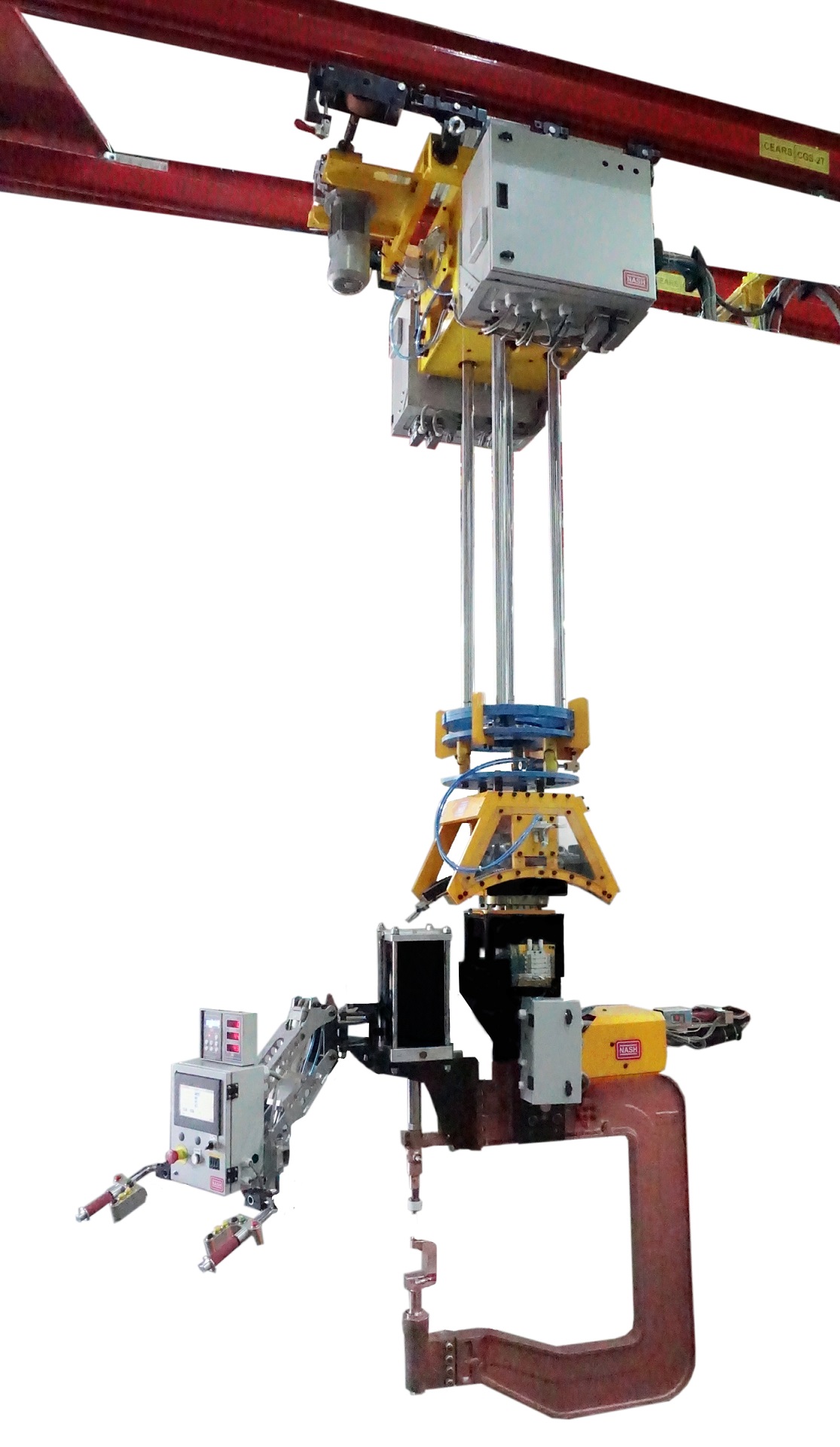 C-Type MFDC IT Gun for Metro Underframe Spot Welding (TD-820mm, TG-705mm, Tip Force-1500Kgf) mounted on a 5-Axis Manipulator