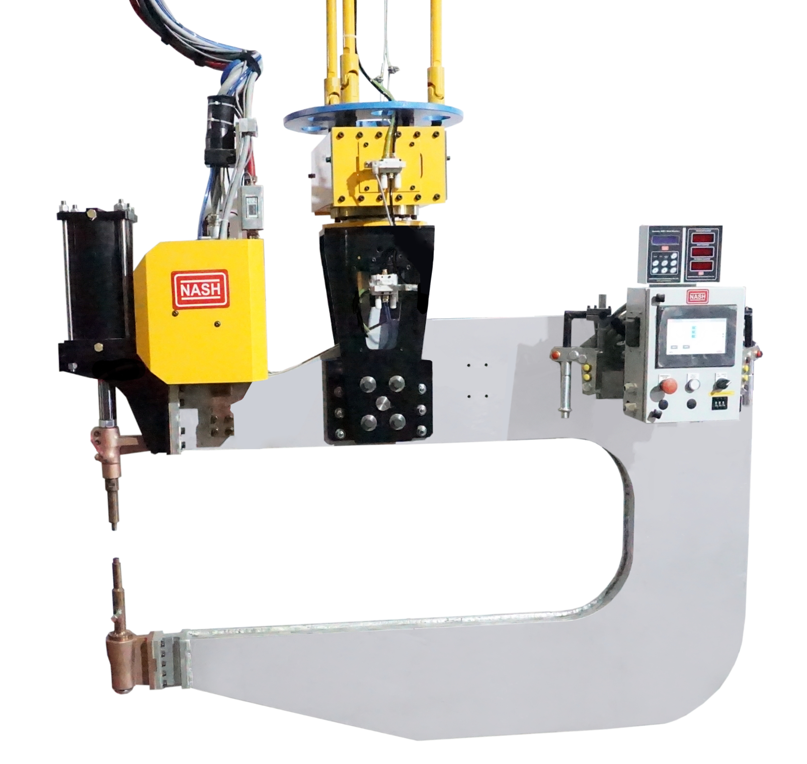 C-Type MFDC IT Gun for Metro Underframe Spot Welding (TD-1520mm, TG-550mm, Tip Force-1100 Kgf) mounted on a 4-Axis Manipulator