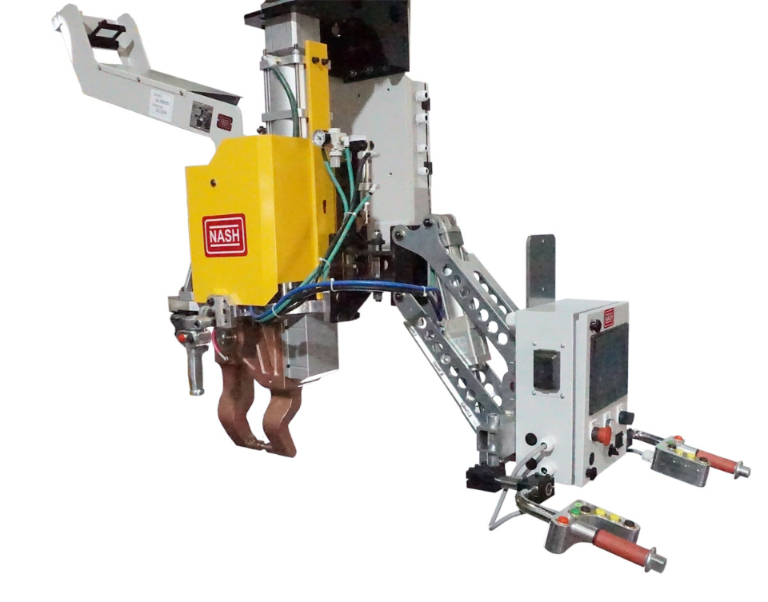 X-Type MFDC IT Gun for Metro Sidewall Spot Welding (TD-240 mm, TG- 106mm, Tip Force -1500Kgf) mounted on a 6-Axis Manipulator